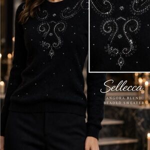 Vintage Lambswool Angora Rabbit Sweater Black Beaded Sequin Women's Size Small